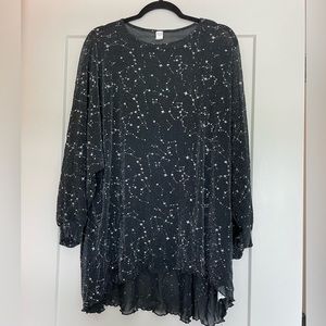 Star Print Mesh Glitter Round Neck Long Sleeve Oversized Tee Top